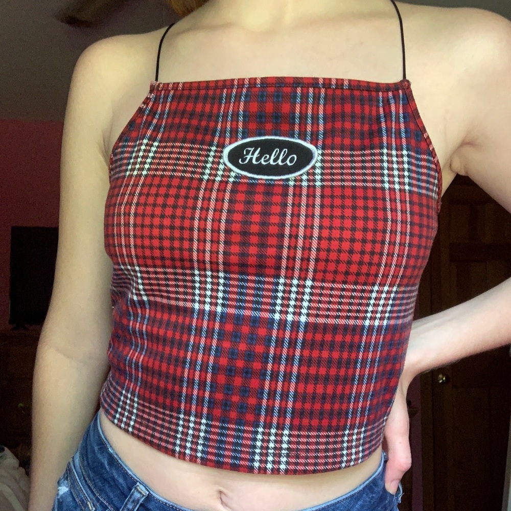 plaid “hello” tank top